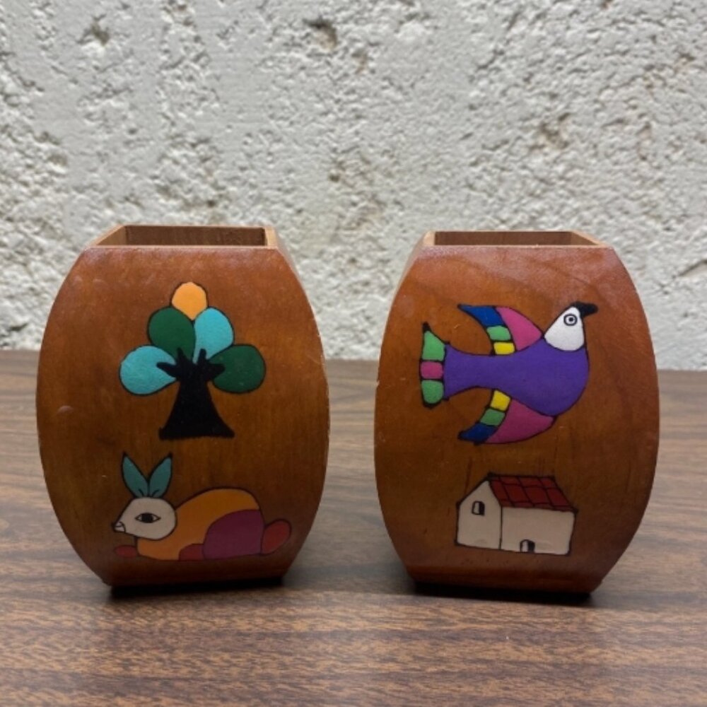 Pair Vintage Handmade Wooden Painted Pen Holder Jesus Artesano El Salvador 1980s